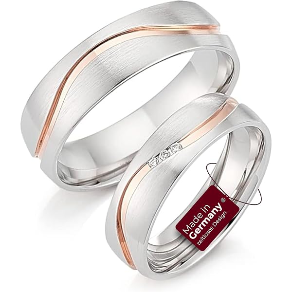 JC Trauringe Paar Aus Silber 925 Rotgold Platiniert – Damenring Mit Zirkonia-Steinen, Herrenring Glatt, 4,5 Mm Breit, Mit Gravur, In Schatulle