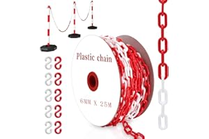 YUJUVI Absperrkette Kunststoffkette 25M Warnkette 6mm Plastikkette Kunststoff kette mit 10 Karabinern für Barrieren in Auffahrten zum Absperren von Flächen Gut Sichtbar (Rote Weiße, 25M)