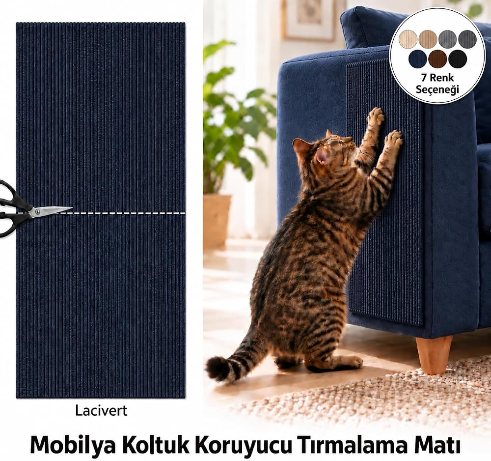 getmeev Yapışkanlı Kedi Tırmalama Halısı 100x30 cm, Mobilya Koruyucu Tırmalama Pedi, Koltuk ve Mobilya Yüzeyleri İçin Kolay Montajlı Kedi Tırmalama Matı (Lacivert)
