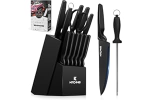 KITCANIS Couteaux de Cuisine, 15 Set de Couteaux de Cuisine Professionnel, Ensemble de Couteaux de Cuisine en Acier Inoxydable Super Tranchant, Bloc à Couteaux A uto Affûtant