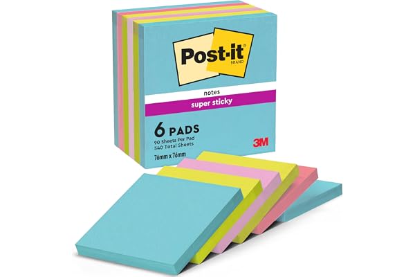 Post-it Notes Autocollantes Super Sticky, Couleurs Cosmic, 6 Blocs 76 mm x 76 mm, 90 Feuilles par Bloc - Feuillets Super Adhésifs pour Prise de Notes, Listes de Tâches et Rappels