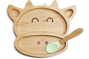Moon and Moo Cow Bamboo Suction Plate and Spoon Set for Kids, Toddlers and Baby Weaning - Non-Toxic – Plastic Free - Stay Put - Baby Suction Plate - Baby Weaning Set