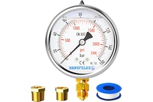 Hansfelds Manomètre 0-160 bar rempli de liquide 1/4'' BSP Montage inférieur Cadran 63 mm Boîtier en acier inoxydable Laiton Interne et connexion Double échelle bar/psi Précision 1,6