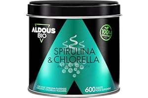 ALDOUS BIO Spirulina e Clorella Bio 1800mg - 600 Compresse - Alga Spirulina + Alga Clorella - Detox, Energia, Immunità, Sazietà - Proteine Vegetali, Clorofilla, Vitamine - Vegan, Senza Additivi - ALDOUS