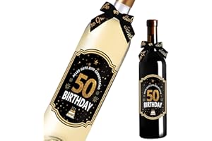 RNAIRNI 50. Geburtstag Flaschenetikett mit Schleife Schwarzes Gold Lack veredelt 8,5x11,5cm Happy Birthday 50 - Geburtstagsdeko Geburtstagsgeschenk Geschenke für Frauen Männer(Wein nicht inbegriffen)