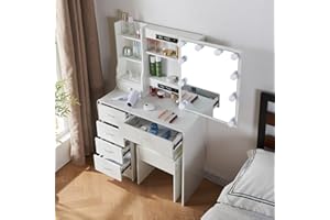 Saimeihome Dressing Table with Mirror and Stool, White Vanity Desk with Hollywood Mirror-3 Color and Brightness Adjustable, Makeup Vanity Table with 6 Drawers for Girls
