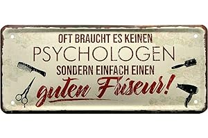WOGEKA ART Retro Blechschild Oft reicht guter Friseur statt Psychologe als Geschenk-Idee 28 x 12 cm Vintage-Deko-Schild aus Metall 2036