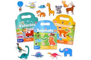 ASTARON Paquete de 3 libros de calcomanías reutilizables para niños pequeños, juguetes portátiles de viaje, actividades de coche, avión, para niños a partir de 3 años, juguete educativo de aprendizaje