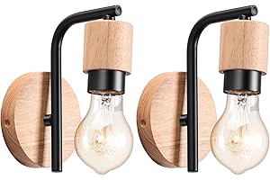 LIGKIN 2 Piezas Lámpara de Pared Vintage, Aplique de Pared Interior Industrial, E27 Madera Metal Vintage Negro, Aplique Pared de Industrial para Salón, Pasillo, Dormitorio