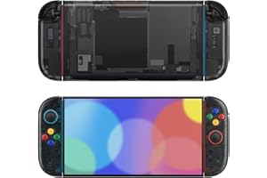 eXtremeRate DIY-Ersatz Shell Set für Nintendo Switch 2 Joycon/Console, Essence Version Custom Joycon Case/ABXY&Richtung Tasten/Grips Deko Streifen/Konsole Rückgehäuse für Switch 2–Transparent Schwarz