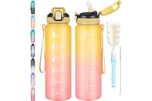 CodiCile 1L Water Bottle with Straw,Water Bottle Dishwasher Safe,Leak-proof Sports Drinks Bottle with Time Maker & Bottle Brush,Non-Toxic for Running,cycling, Gym, School & Office,Yellow Pink
