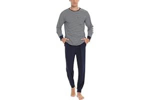 Sykooria Pijama Hombre Algodón Conjunto de Pijama de Manga Larga Ropa de Dormir 2 Piezas Conjunto de Pijama a Rayas y Pantalones Largos con Bolsillos