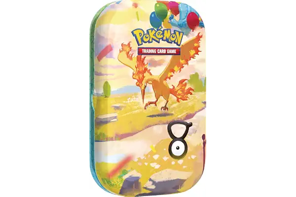 Pokémon: Minilata Celebración 30.º Aniversario: Moltres de JCC Pokémon (1 Pegatina, 1 Tarjeta ilustrada y 2 Sobres de Mejora)