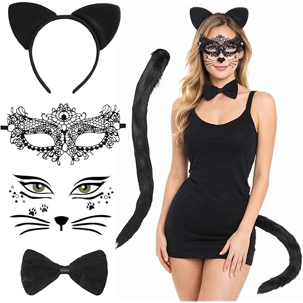 BBTO 5-delige set voor Halloween kattenkostuum van zwart kant, incl. hoofdband met kattenoren, maskerade, kattenstaart, pluche ketting, vingerloze handschoenen