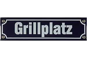 BUDDEL-BINI Buddel Bini Straßenschild Grillplatz Emaille Grillen BBQ Garten, 30 x 8 cm, blau