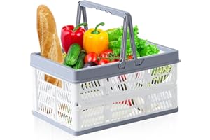 LUOJINYI Składane pudełko transportowe z uchwytem, składane pudełko z tworzywa sztucznego, 37 l, stabilne, idealne na zakupy i transport, plastikowe, biało-szare