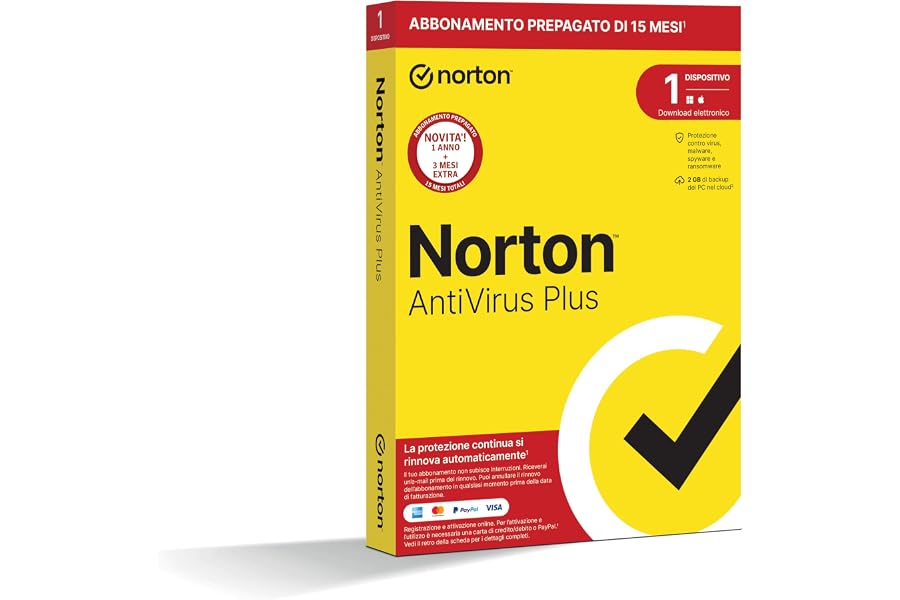 Norton Antivirus Plus 2024, 1 Dispositivo, Licenza di 15 mesi con rinnovo automatico, PC o Mac