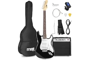 MAX GigKit - kit guitarra eléctrica de iniciación, amplificador de guitarra eléctrica de 40w, funda de transporte, afinador digital, cuerdas, palanca tremolo, correa, 2 puas, cable de 3m, Color Negro