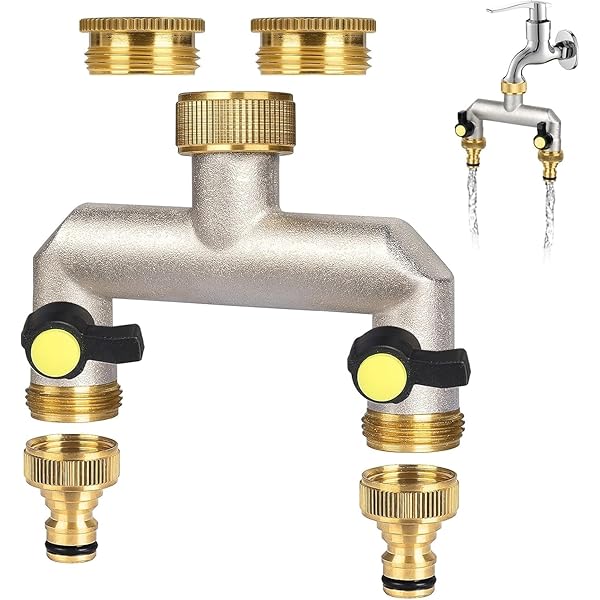 Répartiteur D'Eau 2 Voies Pour Robinet Jardin | Laiton Nickelé Robuste | Raccord Hexagonal 1/2"