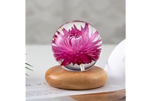 MARZIUS Blumen-Kristallkugel-Nachtlicht, 7 cm Glaskugel-Nachtlampe mit Holzsockel, Dekorationen, Geschenke für Männer, Frauen, Kinder, Jungen, Mädchen, Teenager (Rote Strohblume)