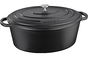 kela Bräter Gusseisen oval 6 Liter, Dutch Oven CALIDO, Induktion Gussbräter mit Deckel, Gusseisen Topf Brot backen, emailliert, schwarz