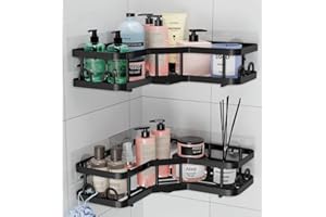 HURUC Corner Shower Caddy – 2 Pack Rustproof, Bathroom Corner Shelves, No-Drill Adhesive, Suction for Accessories and Storage, Black (Black)