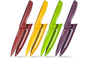 Gourmetop Lot de 4 couteaux à éplucher avec couvercle, couteaux à éplucher de 11,4 cm, en acier inoxydable de qualité supérieure, petit ensemble de couteaux de cuisine pour fruits et légumes, manches