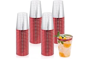 mauepersu Lot De 50 Gobelets En Avec Bord Dorée, 280 ml, Réutilisables, élégants, Verres à vin, Pour Champagne, Bière, Cocktail, Martini, Soda, Dessert (9,5 x 7,5 cm) (Rouge)