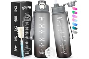 AOHAN Butelka na wodę 1l, Tritan Free BPA, motywacja sportowa butelka z filtrem i markerem czasu, wodoodporna butelka ze słomką do uprawiania sportu, wędrówek, szkoły, biura