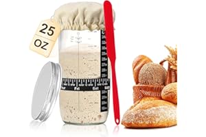 BCUUOZEEING Sauerteig Starter Set - 25 oz/730 ml Sauerteig Glas - Fermentierglas mit Silikonspatel, Dattel Fütterungsband, Temperaturband, Deckel, Gärtuch, Reusable Brotbackzubehör, Sourdough Starter Kit