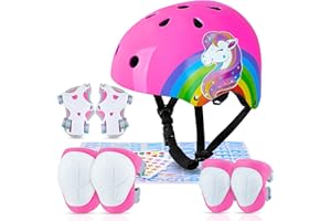 MHJY Casco Bicicleta Niño Casco de Bici Edad 3-8 Años Rodilleras y Coderas de Unicornio Equipo de Protección Ajustable con Pegatinas DIY para Niñas Ciclismo, Skate, Patinete, Patines