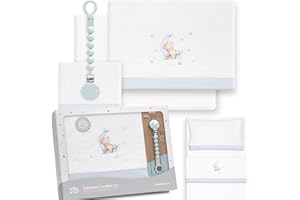 mibebestore - Juego de Sábanas Coralina Cuna 60x120 – Juego 3 Piezas Invierno Bebé (Encimera, Bajera y Funda de Almohada) – Sábanas de Cuna Suaves y Cálidas para Dormir en Invierno | Oso Luna B/Azul