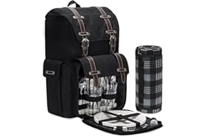 ZORMY Picknickrucksack für 4 Personen mit Decke und Kühltasche, All-in-One Tragbare Picknicktasche mit Besteckset, Picknickkorb-Set mit Weinbeutel, Perfekt für Camping (Black)