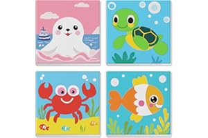 MXJSUA Paquete De 4 Kits De Pintura Por Números Lindos Animales Para Niños Con Marco Para Edades 6-12, Patrón De Lindos Animales Marinos Pinturas Al Óleo Acrílicas Para Decoración Del Hogar 20x20cm