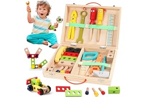 yoptote Caja Herramientas Juguetes Niños 3 4 Años - Herramientas Bricolaje Juegos Educativos Niños 3 4 Años 34 Piezas Juegos de Construcción de Madera Motosierra Juguete Niños 3 4 5 6 Años