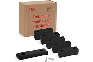 LouMaxx Lot de 20 pieds de meuble en plastique – Élévateurs de sol 50 x 14 x 5 mm – Glissières en plastique à visser dans un pack pratique – Ensemble de mini pieds de meuble noirs incl. vis