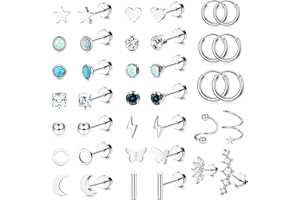 JeweBella 19Pares Pequeños Pendientes Mujer Acero Quirurgico Cartílago Pendientes Helix Hipoalergénicos Pendientes de Aro Luna Estrella Piercing Planos Pendientes Circonita para Mujeres Hombres