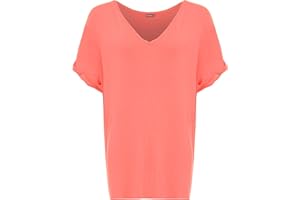 WearAll Women's New Plus Size Womens Short Turn Up Sleeve Baggy Plain Top Ladies V-Neck T-Shirt 8-22