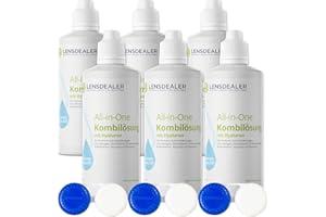 ‎LENSDEALER KONTAKTLINSEN ZUM DEALPREIS Lensdealer Kontaktlinsen Fluessigkeit für weiche Linsen, Pflegemittel mit Hyaluron, All-in-One Kombilösung 6 Flasche à 360ml Kontaktlinsenflüssigkeit inkl. 6 Linsenbehälter