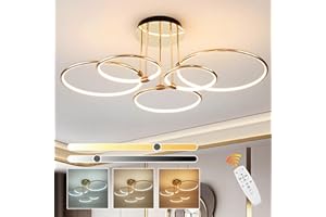 WAYLUOUNG 5 Okrągłe Pierścienie Złota Lampa Sufitowa Led, Ø93cm Żyrandol O Średnicy, 108W Bezstopniowo Przyciemniana, Kreatywna Metalowa Galwanizowana Lampa Wisząca, Nowoczesna Lampa Do Sypialni, Salonu Biura