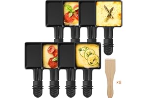 ipow Lot de 8 Poelon Raclette Carré à Revêtement Anti-adhésif,Coupelle Raclette Barbecue avec Poignée Isolée pour Fromage Fondu Oeuf Frit Pomme de Terre, 8 Pcs Spatules en Bois
