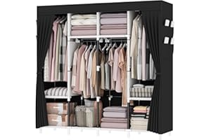 OPPAIYA Canvas Wardrobe, Zippered Open Wardrobe, Portable Wardrobe With 4 Hanging Rails, 4 Compartments and 8 Side Pocket Fabric Wardrobes, 165 x 165 x 45 cm, Great Foldable wardrobes for Bedroom