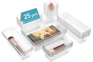 Vtopmart 4 Size 25 PCS Versatile Plastic Drawer Organiser Set | Vanity Clear Desk Drawer Organizer Trays for Makeup Bedroom Bathroom, Storage Organizer Divider Trays for Kitchen and Office