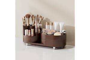 MUUKAIII Kosmetik Make up Organizer, 360° Drehbares Schminktisch Pinsel Organizer, Multifunktionale Kosmetikaufbewahrung für Kommode, Schlafzimmer, Badezimmer - Braun