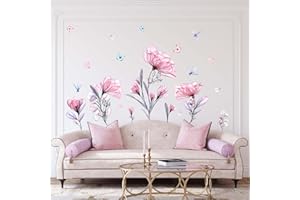 Amimagen X-ray Pink Flowers Wall Stickers - Dragonflies Butterfly Floral Wall Decals - Gilrs Bedroom Living Room Sofa TV Background Home Wall Decor