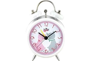 MPM Quality White Girl Alarm Clock Wecker, White/Pink, Stylischer Kinderwecker aus Metall für Mädchen mit Katzenmotiv im Zifferblatt, Alarmverstärkung, Quarz-Uhrwerk Sweep, modernes Design
