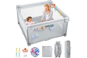 eSynic Corralito Bebé Portátil 127x127cm, Parque Infantil Plegable con Alfombrilla + 50 Bolas, Canasta Baloncesto, Malla Transpirable, 4 Agarraderas y Bolsa Transporte - Juegos Seguros para Bebés