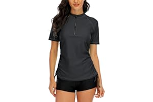 Halcurt Women's Rash Guard UV Protection UPF 50+ Short Sleeve Zipper Swimsuit