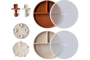 Moonkie Assiette Bébé Silicone Ventouse, Lot de 2 Avec Fourchette, Cuillère et Couvercle, Antidérapante (Teint/Jaune Terreux)