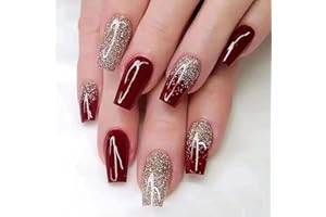 TMUT 24pcs Short Coffin False Nails Red Stick on Nails Glitter Gold Press on Nails Removable Glue-on Nails Full Cover Fake Nails Women Girls Nail Art Accessories